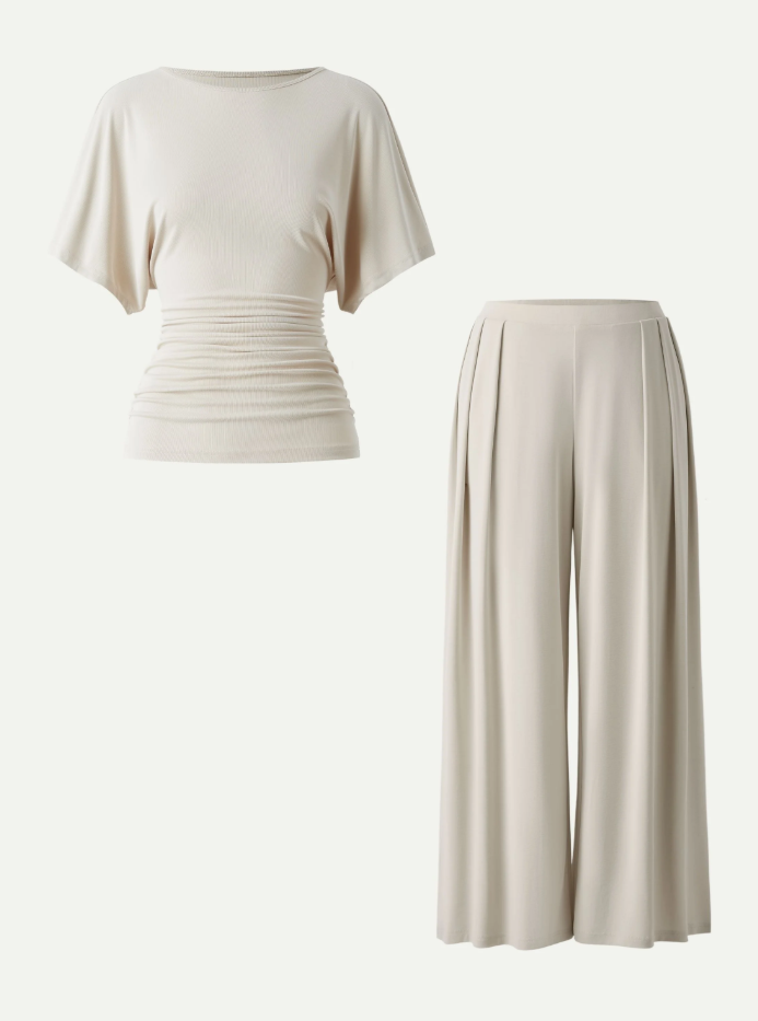 2Pcs Set Boatneck Batwing Sleeve Top & Wide Leg Palazzo Pant with Pockets