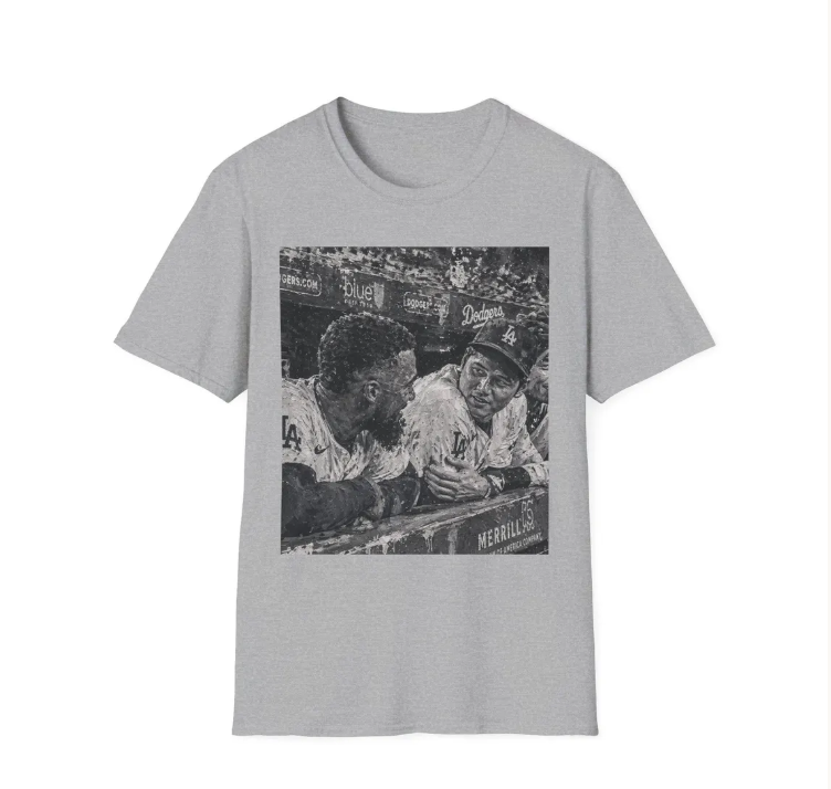 Vintage Baseball Players T-Shirt Painting of Retro Dugout with Shohei Ohtani and Tesocar Hernandez Photo Tee