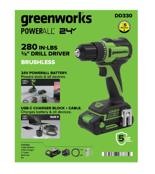 Greenworks 24V Brushless 3/8" Drill Driver with USB-C Battery, PowerAll