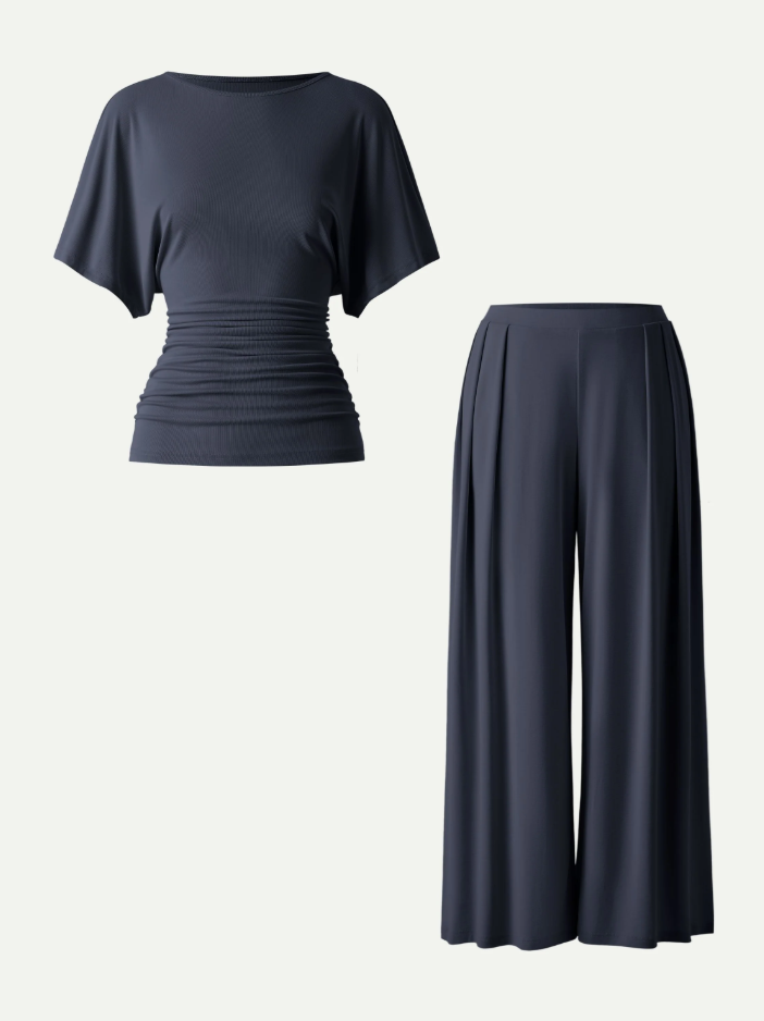 2Pcs Set Boatneck Batwing Sleeve Top & Wide Leg Palazzo Pant with Pockets