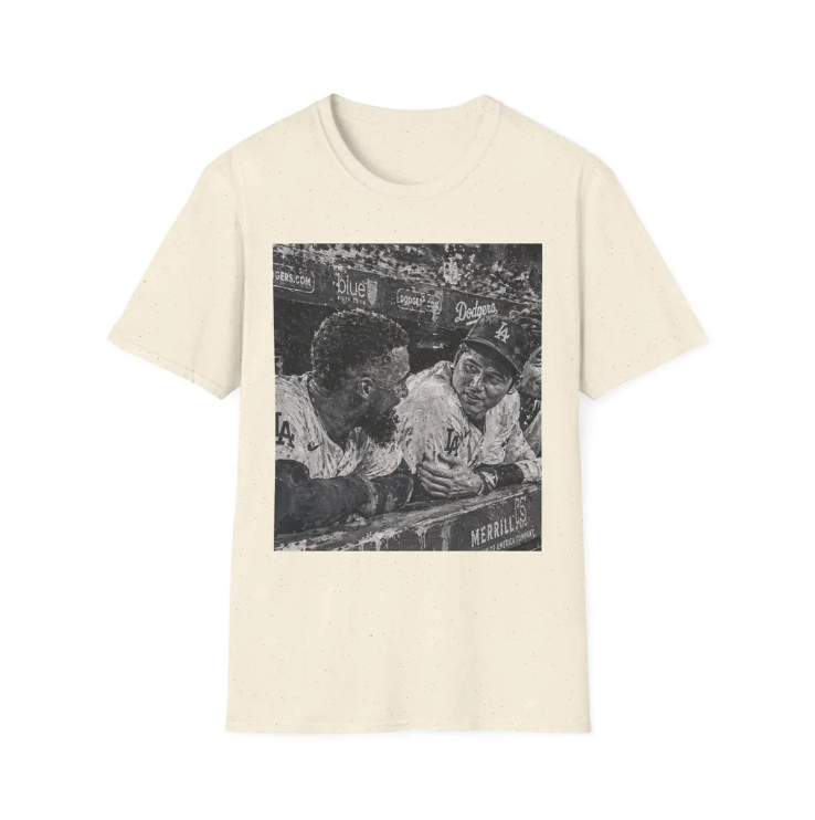 Vintage Baseball Players T-Shirt Painting of Retro Dugout with Shohei Ohtani and Tesocar Hernandez Photo Tee