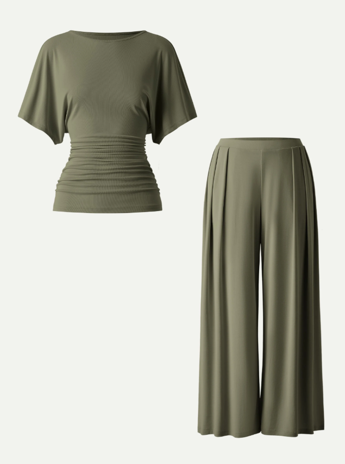 2Pcs Set Boatneck Batwing Sleeve Top & Wide Leg Palazzo Pant with Pockets
