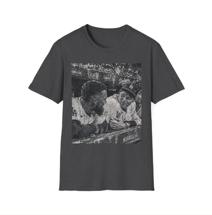 Vintage Baseball Players T-Shirt Painting of Retro Dugout with Shohei Ohtani and Tesocar Hernandez Photo Tee