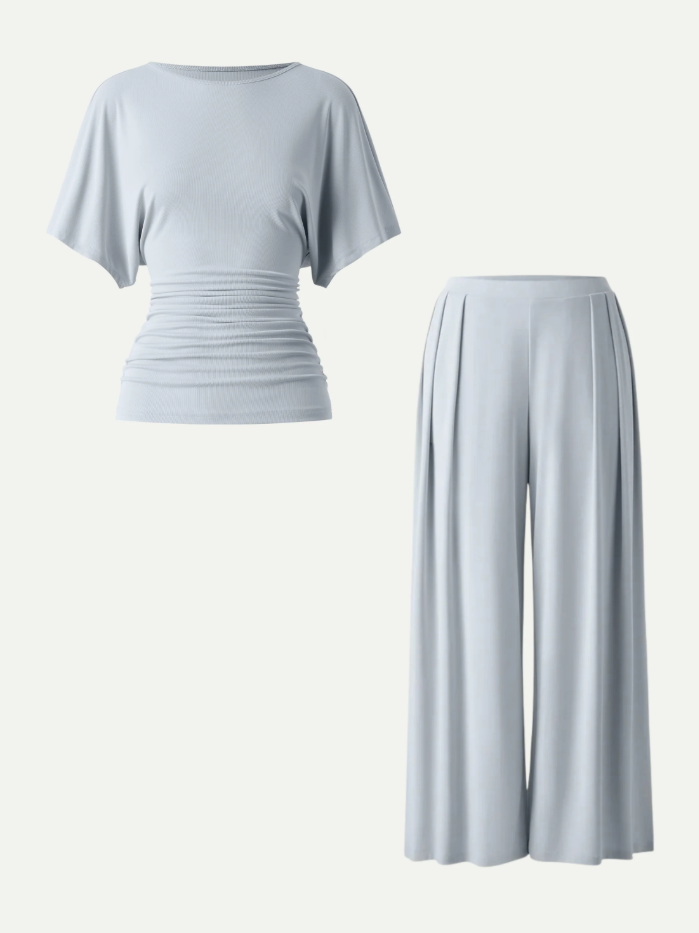 2Pcs Set Boatneck Batwing Sleeve Top & Wide Leg Palazzo Pant with Pockets