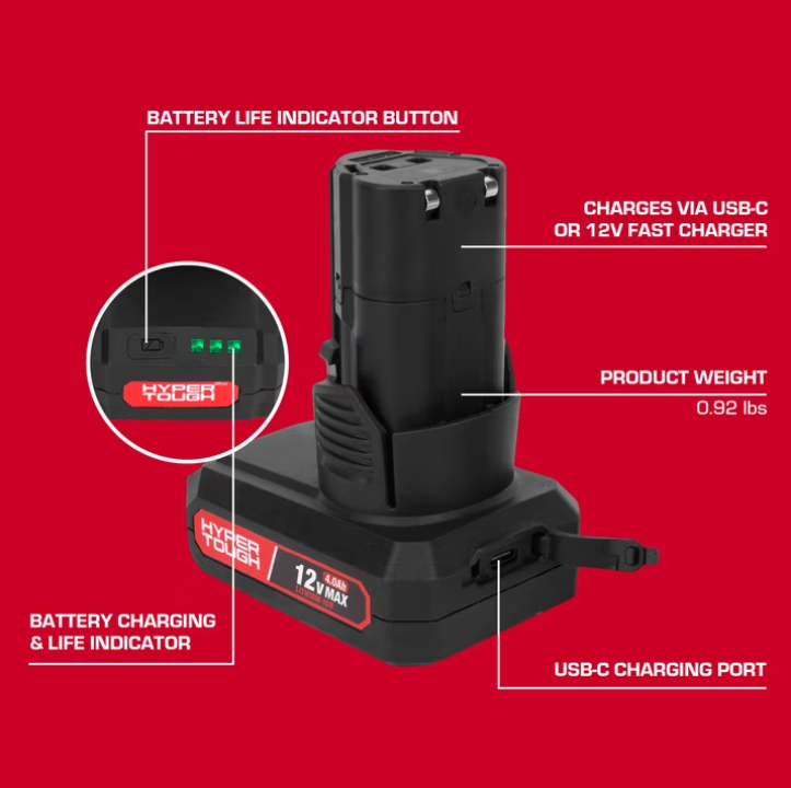 Hyper Tough 12V Lithium-Ion 4.0Ah Rechargeable Battery
