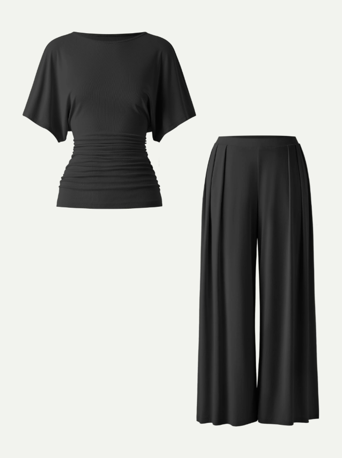 2Pcs Set Boatneck Batwing Sleeve Top & Wide Leg Palazzo Pant with Pockets