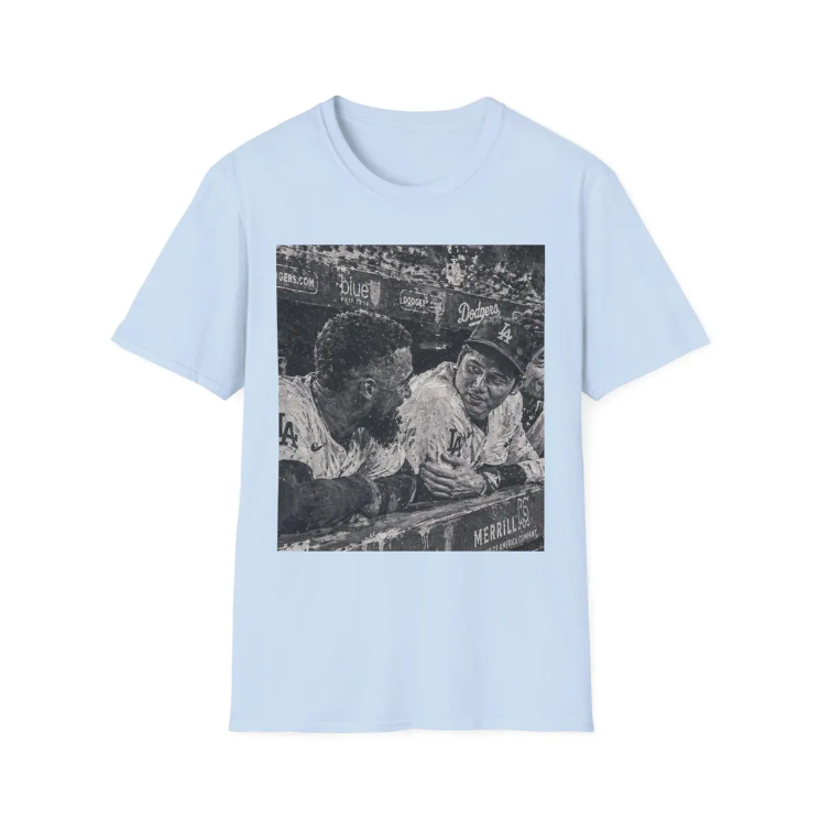 Vintage Baseball Players T-Shirt Painting of Retro Dugout with Shohei Ohtani and Tesocar Hernandez Photo Tee