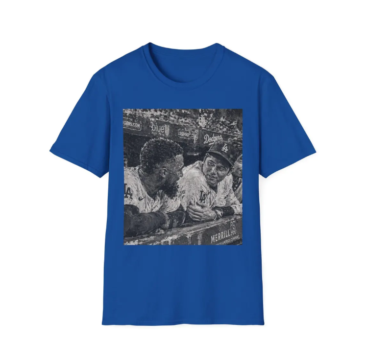 Vintage Baseball Players T-Shirt Painting of Retro Dugout with Shohei Ohtani and Tesocar Hernandez Photo Tee