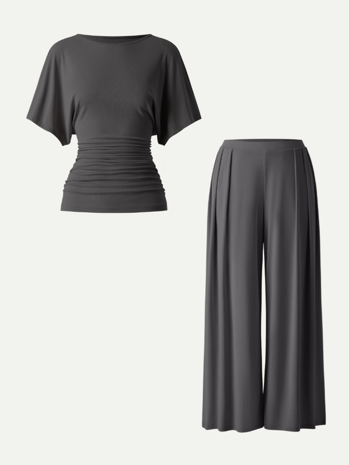 2Pcs Set Boatneck Batwing Sleeve Top & Wide Leg Palazzo Pant with Pockets
