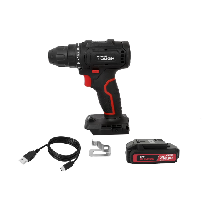 Hyper Tough 20V Brushless Cordless Drill with 1.5Ah Battery and USB-C Charging Cable