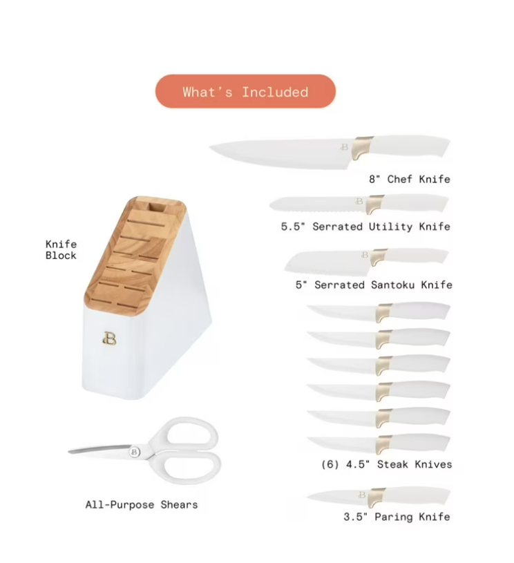 Beautiful 12 Piece Knife Block Set with Soft-Grip Ergonomic Handles White and Gold by Drew Barrymore
