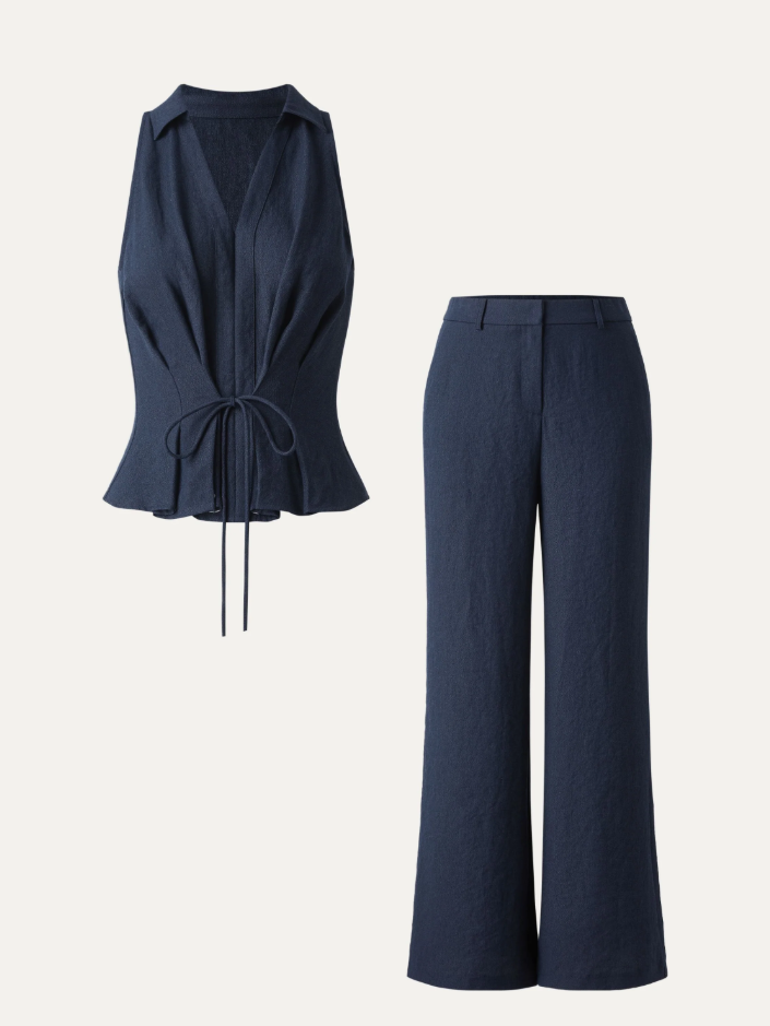2Pcs Set Collared V-neck Sleeveless Top & Mid Rise Flared Pant with Pockets