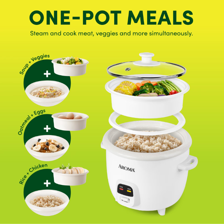 AROMA® 6-Cup Rice Cooker & Food Steamer with Bonded Granite Nonstick Ceramic & Pop-Up Steam Tray - White