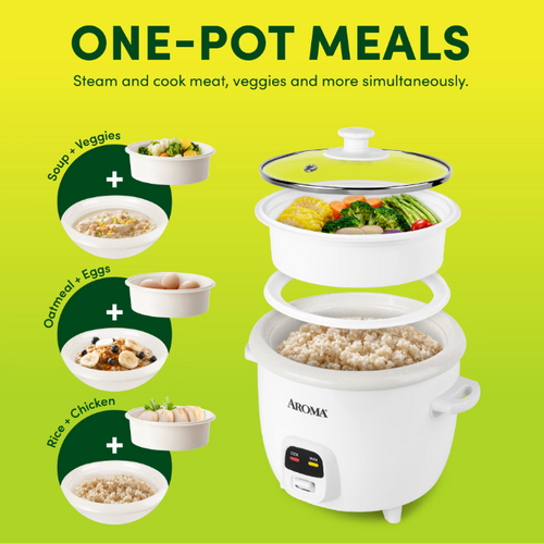 AROMA® 6-Cup Rice Cooker & Food Steamer with Bonded Granite Nonstick Ceramic & Pop-Up Steam Tray - White