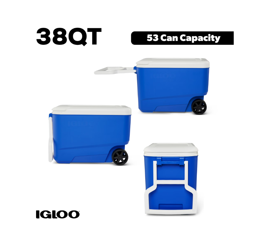 Igloo Wheelie Cool 38 QT Hard Sided Cooler with Wheels, Blue