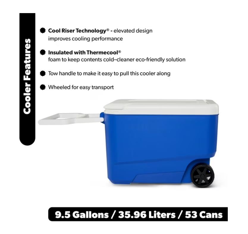 Igloo Wheelie Cool 38 QT Hard Sided Cooler with Wheels, Blue