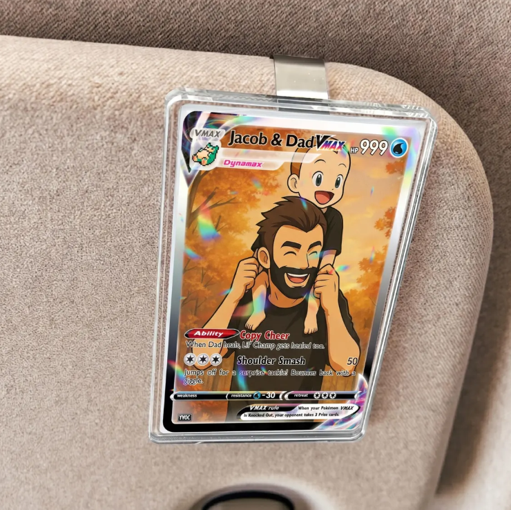 Personalized Father's Day Pokemon Style Car Clip, Custom Dad and Son Anime Photo Gift 2026, Gamer Dad Car Visor Accessory, Card Art Gift