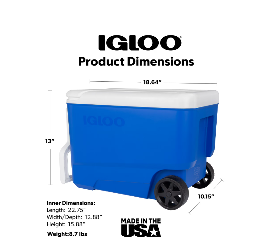 Igloo Wheelie Cool 38 QT Hard Sided Cooler with Wheels, Blue