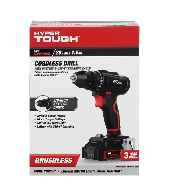 Hyper Tough 20V Brushless Cordless Drill with 1.5Ah Battery and USB-C Charging Cable