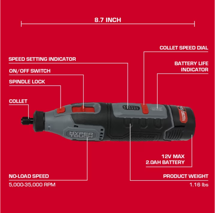 Hyper Tough 12V Rotary Tool with 2.0Ah Battery