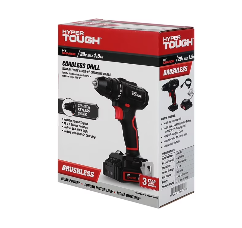 Hyper Tough 20V Brushless Cordless Drill with 1.5Ah Battery and USB-C Charging Cable