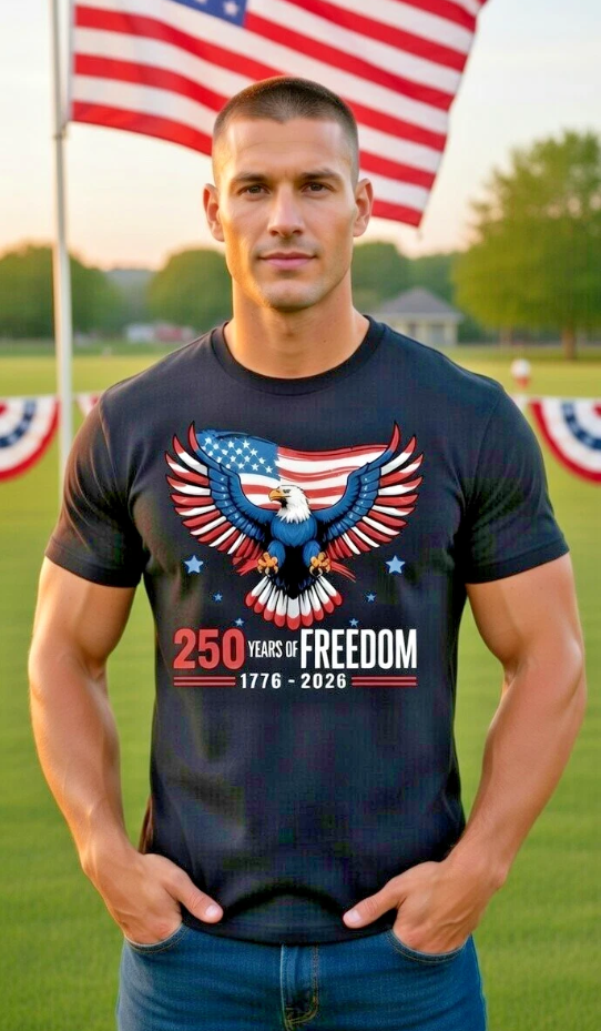 250 Years of Freedom 1776-2026 Patriotic Eagle T-Shirt USA Flag 4th of July Tee