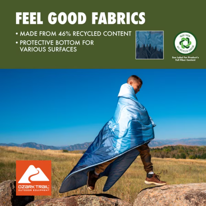 Ozark Trail Packable Blanket, 70" x 60" in Blue Mountain Scene Design for Camping/Travel/Picnics