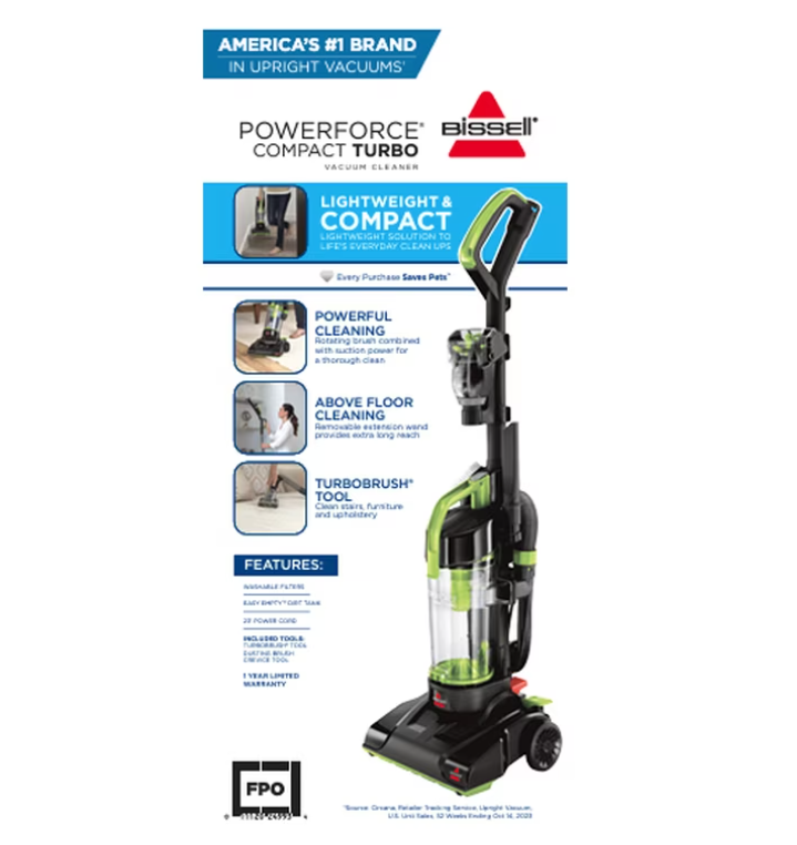 BISSELL PowerForce Compact Turbo, Bagless, Upright Vacuum, Powerful Suction, East Empty Dirt Tank, Lightweight, High Reach Wand, 2690, Green & Black