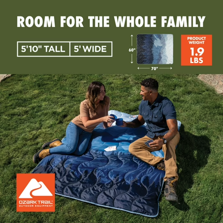 Ozark Trail Packable Blanket, 70" x 60" in Blue Mountain Scene Design for Camping/Travel/Picnics