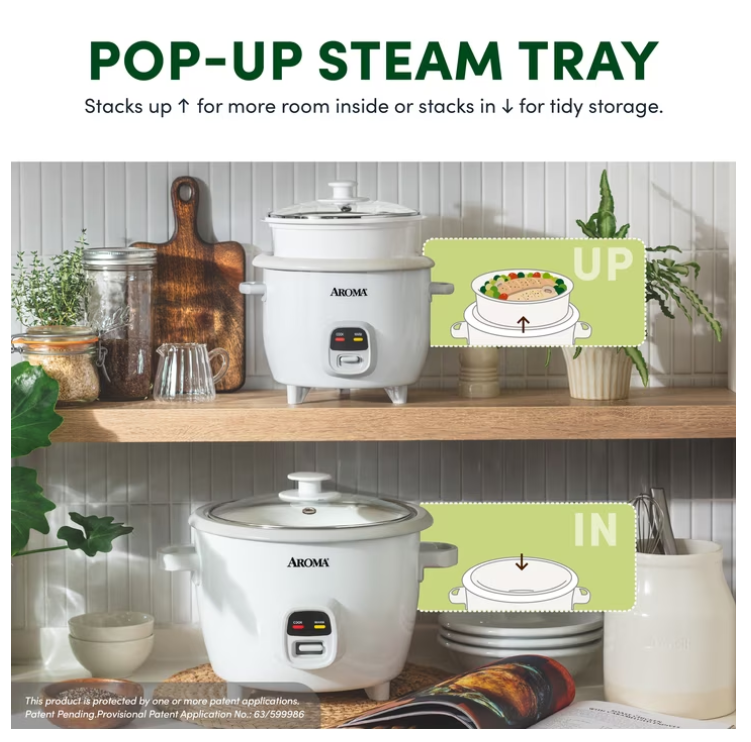 AROMA® 6-Cup Rice Cooker & Food Steamer with Bonded Granite Nonstick Ceramic & Pop-Up Steam Tray - White