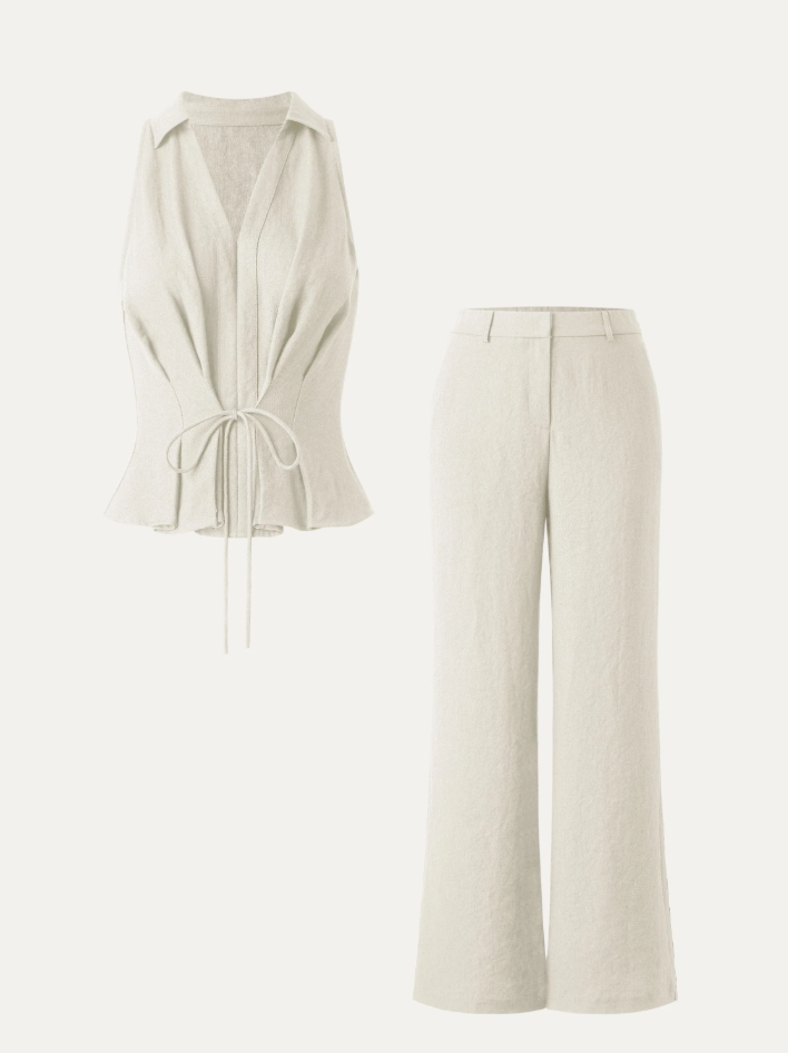 2Pcs Set Collared V-neck Sleeveless Top & Mid Rise Flared Pant with Pockets