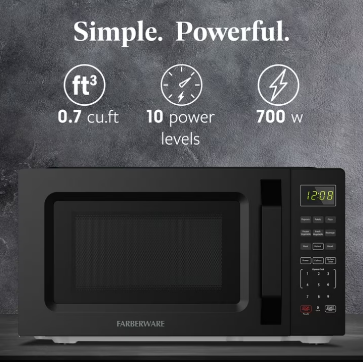 Farberware 0.7 cu ft Microwave Oven, 700W Countertop Microwave Oven with Auto Cook Menu, Black