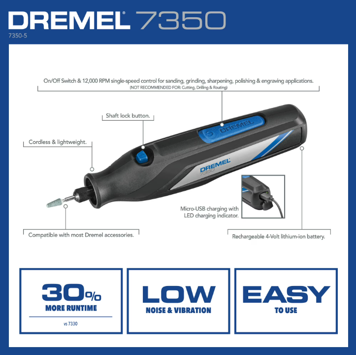 Dremel 7350-5W 4V-Cordless Single Speed Rotary Tool with Integrated 2Ah Li-Ion Battery & 7 Accessories