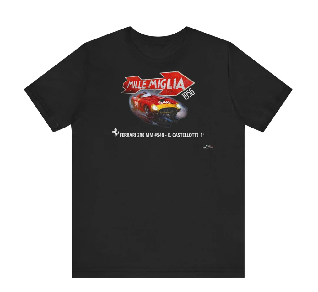 Mille Miglia 1956, Eugenio Castellotti, Ferrari 290 MM, Winner - Unisex Jersey Short Sleeve Tee