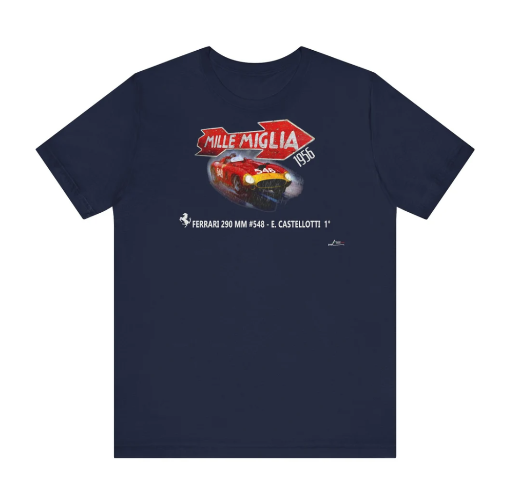 Mille Miglia 1956, Eugenio Castellotti, Ferrari 290 MM, Winner - Unisex Jersey Short Sleeve Tee