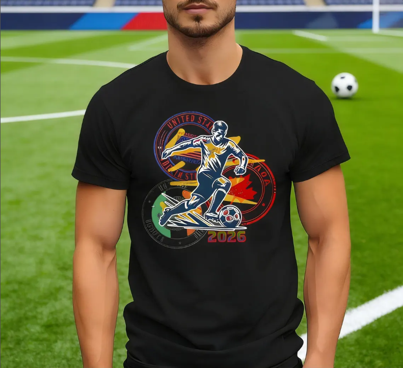 Men’s Football Fan T-Shirt – Dynamic Player & National Emblems Print