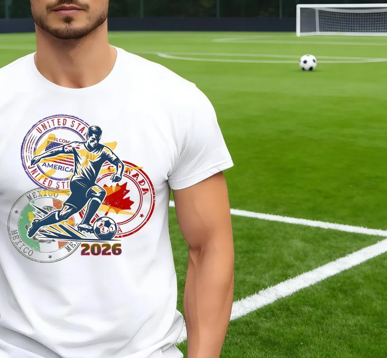 Men’s Football Fan T-Shirt – Dynamic Player & National Emblems Print