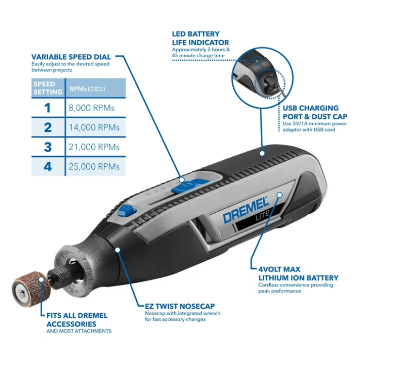 Dremel Lite 7760-N/10W 4V-Cordless Variable Speed Rotary Tool with Integrated 2Ah Li-Ion Battery, & 10 Rotary Tool Accessories