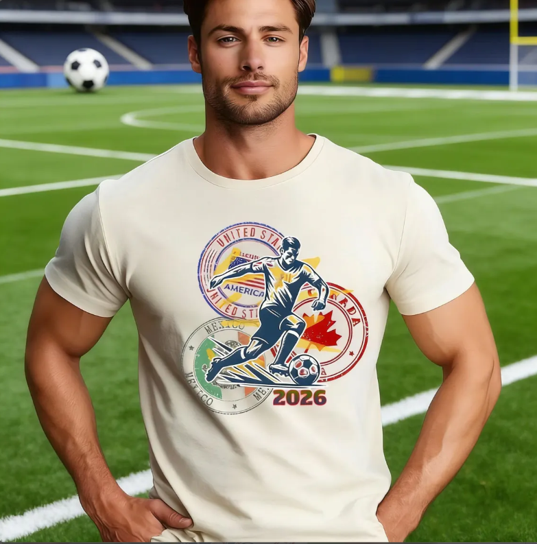 Men’s Football Fan T-Shirt – Dynamic Player & National Emblems Print