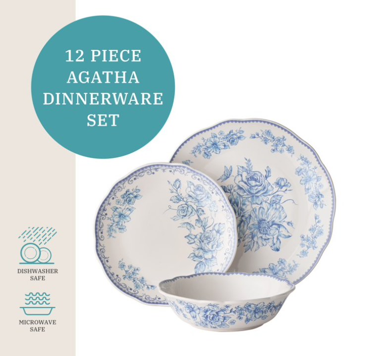 The Pioneer Woman Agatha 12-Piece Stoneware Dinnerware Set, Blue
