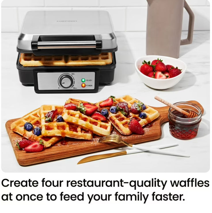 Chefman 4 Slice Belgian Waffle Maker w/ Adjustable Temperature, Stainless Steel