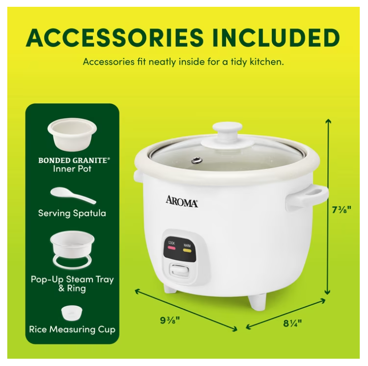 AROMA® 6-Cup Rice Cooker & Food Steamer with Bonded Granite Nonstick Ceramic & Pop-Up Steam Tray - White