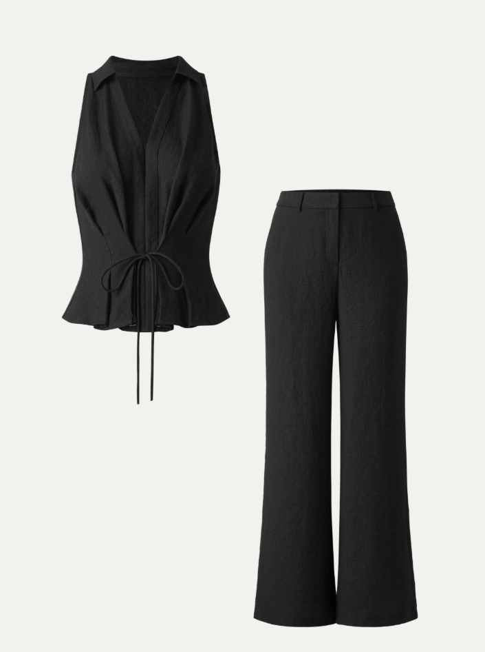 2Pcs Set Collared V-neck Sleeveless Top & Mid Rise Flared Pant with Pockets