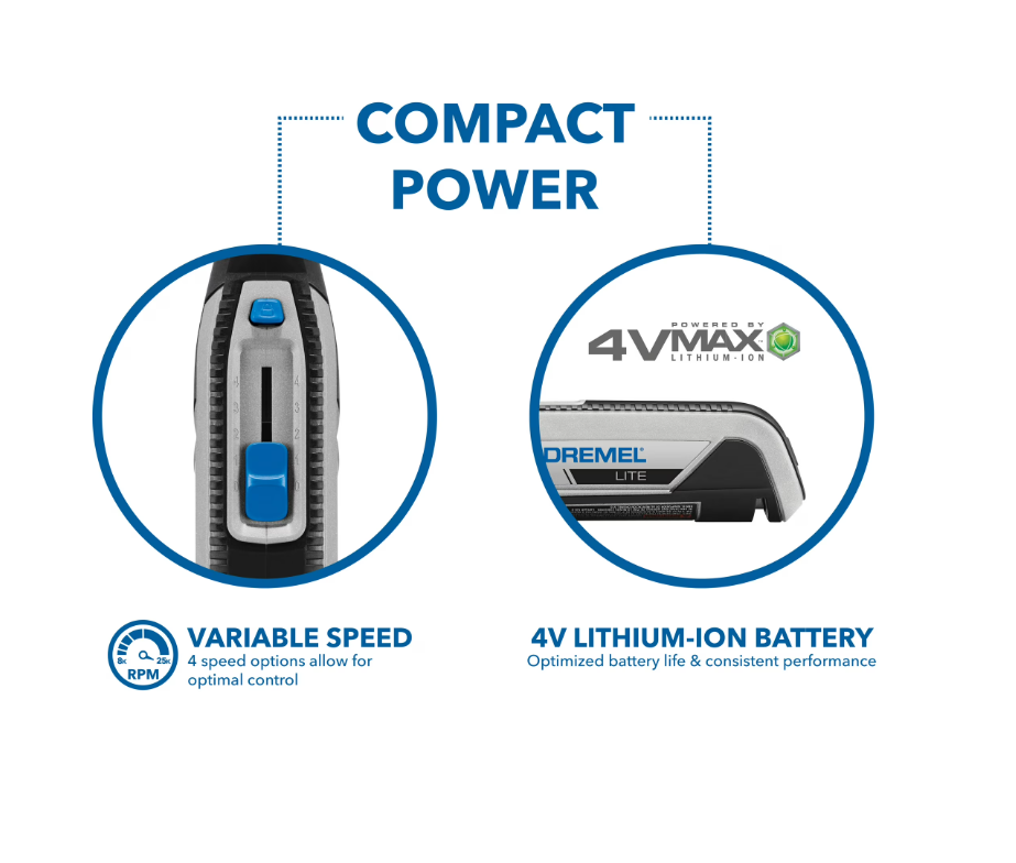 Dremel Lite 7760-N/10W 4V-Cordless Variable Speed Rotary Tool with Integrated 2Ah Li-Ion Battery, & 10 Rotary Tool Accessories