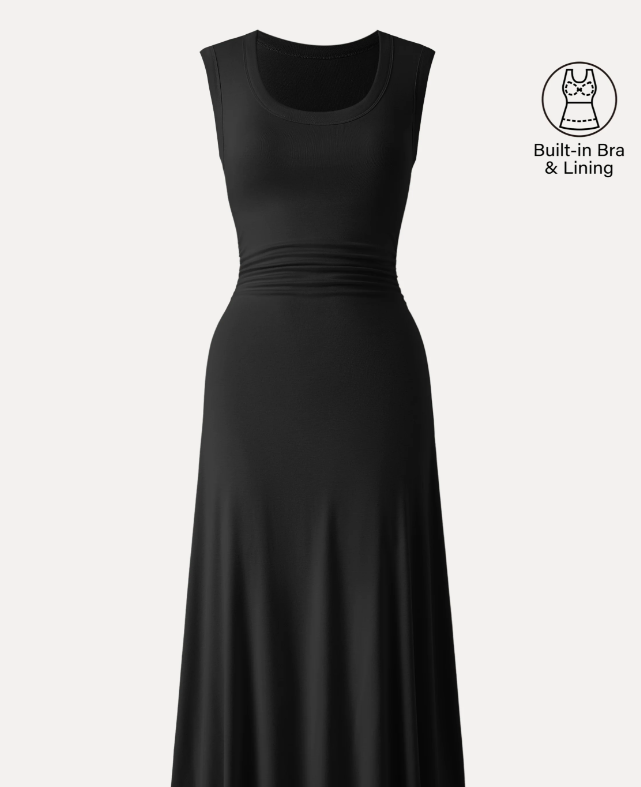 Scoop Neck Side Ruched New Airy Bra Midi Dress