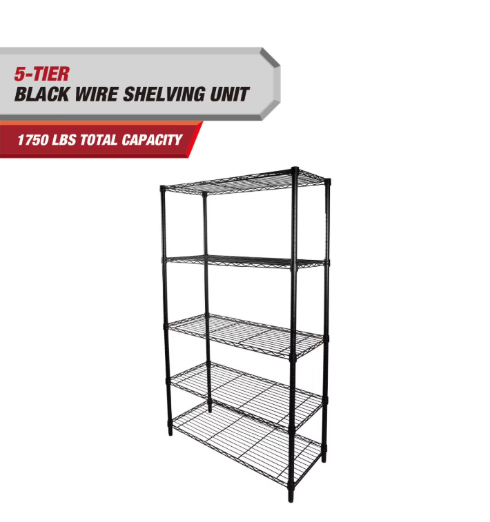 Hyper Tough 5-Tier Wire Storage Shelves, 36" W x 16" D x 72" H, 1750 lb Load Capacity, Black
