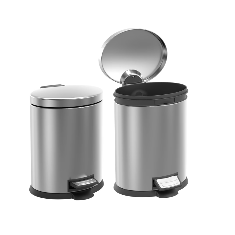 Koomade 2 Pack Bathroom Trash Can, 1.3 Gallon Stainless Steel Step Garbage Bin with Lid, Silver
