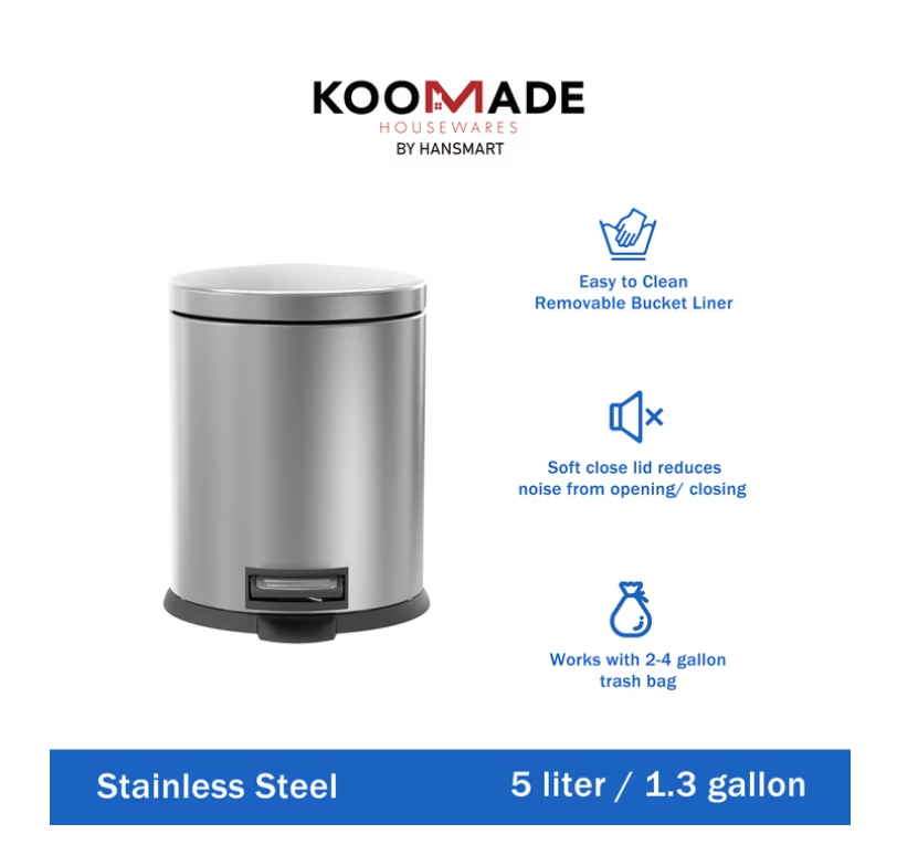 Koomade 2 Pack Bathroom Trash Can, 1.3 Gallon Stainless Steel Step Garbage Bin with Lid, Silver