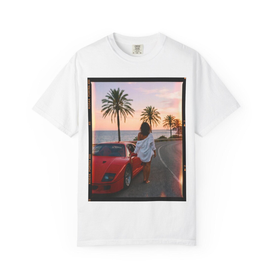 Vintage Ferrari Sunset T Shirt, 80s Riviera Aesthetic Tee, Retro Supercar Art Shirt, Luxury Summer Vibes Graphic Top