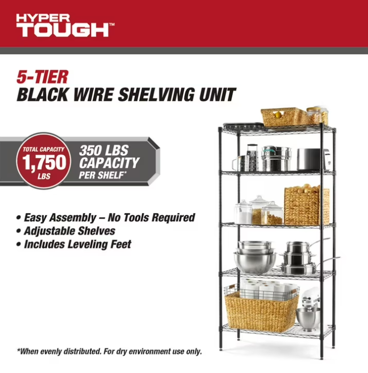 Hyper Tough 5-Tier Wire Storage Shelves, 36" W x 16" D x 72" H, 1750 lb Load Capacity, Black
